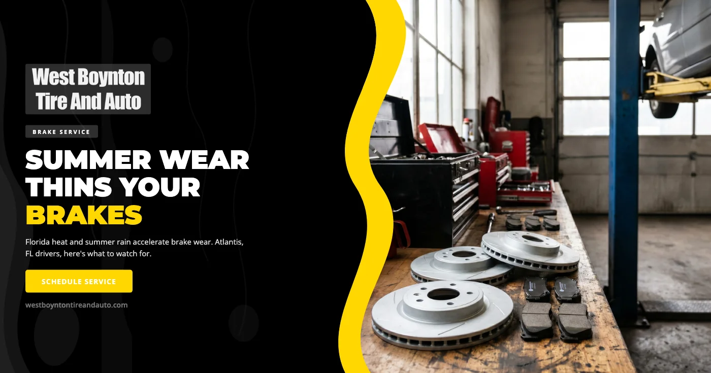 Technician inspecting brake pads and rotors on a vehicle at a West Boynton auto repair shop near Atlantis, FL