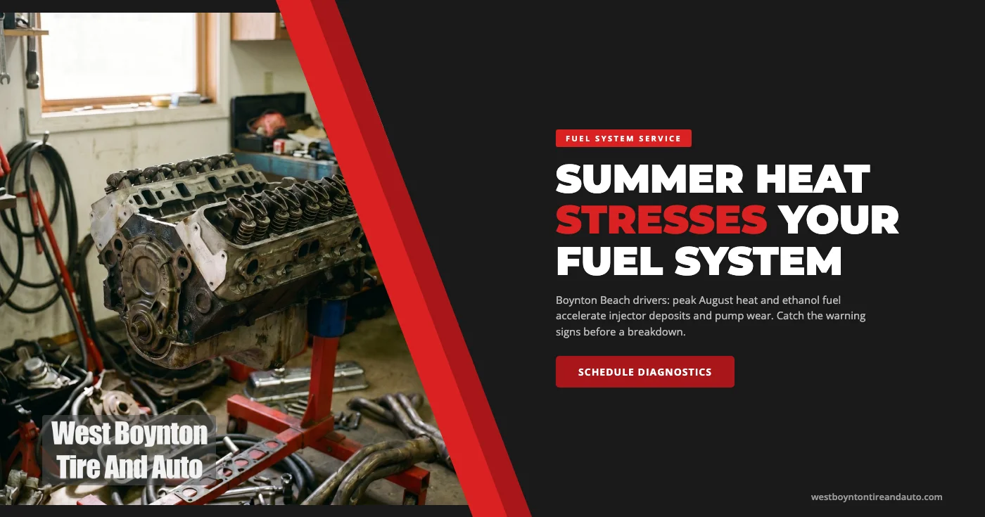 Fuel system service in Boynton Beach FL β technician inspecting fuel injectors and pressure-testing the fuel rail during a summer fuel system diagnostic at West Boynton Tire and Auto