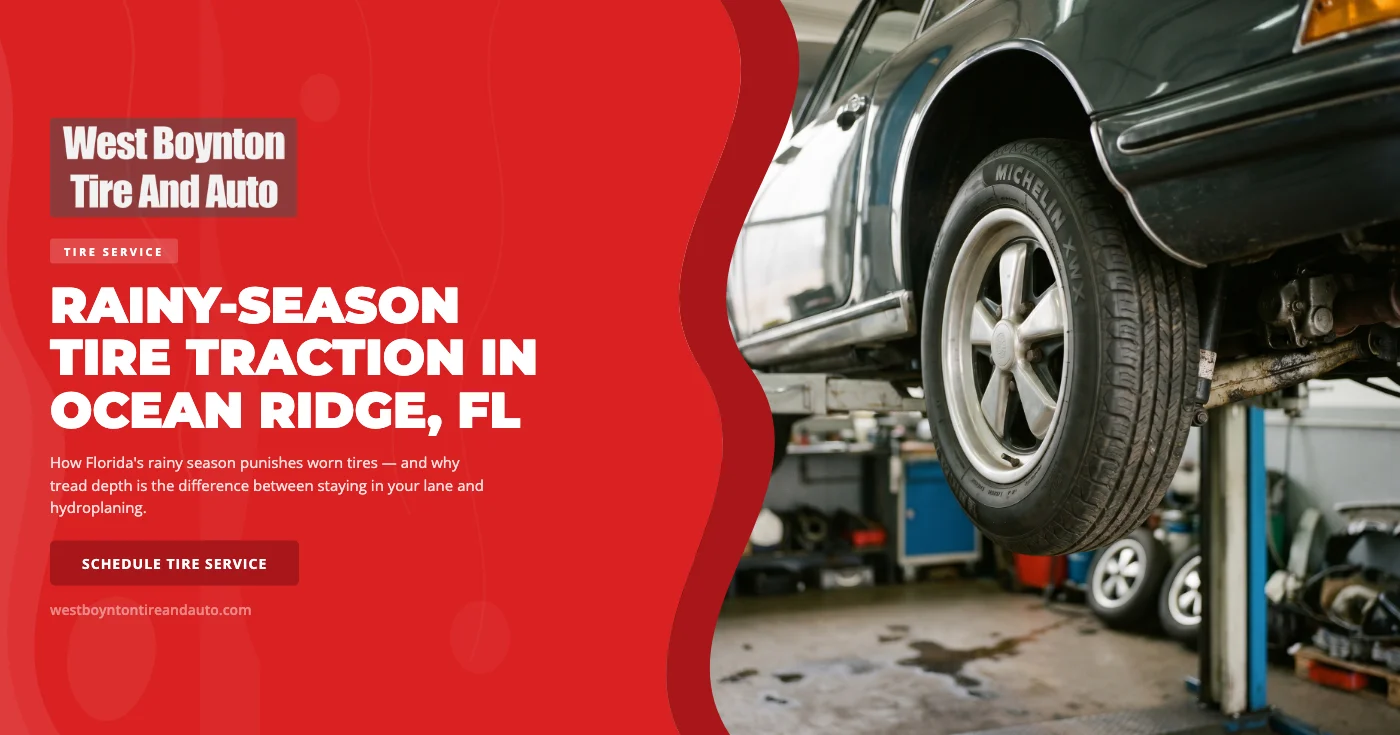 Tire service in Ocean Ridge FL β technician measuring tread depth on a passenger tire during a Florida rainy-season inspection at West Boynton Tire and Auto