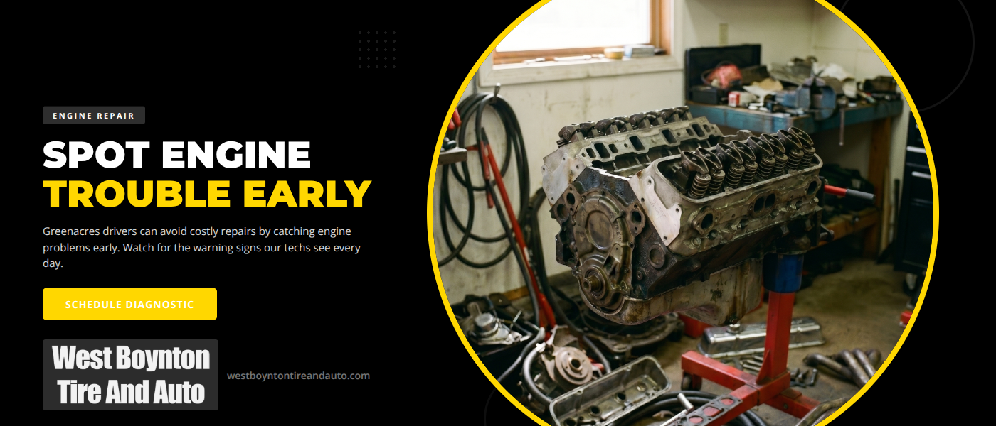 Engine repair in Greenacres, FL β West Boynton Tire and Auto technician performing a scan-tool engine diagnostic on a vehicle in South Florida summer heat