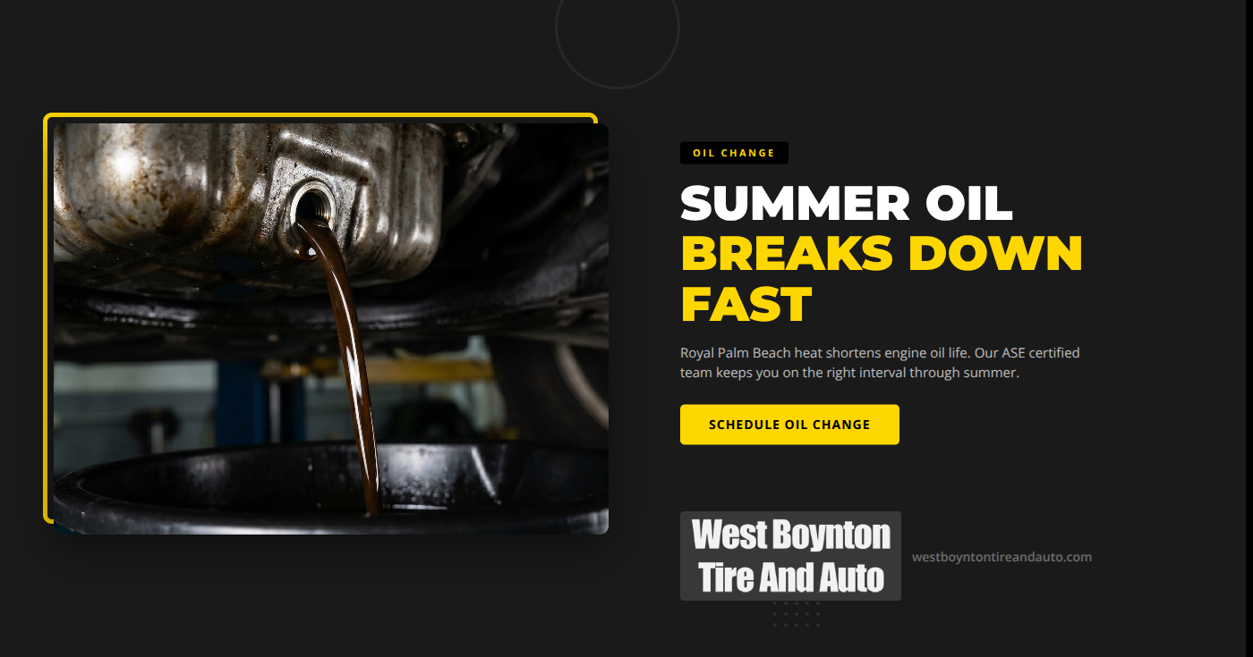 ASE certified technician performing a summer oil change on a vehicle in Royal Palm Beach FL - full synthetic motor oil service - West Boynton Tire and Auto